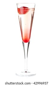 Champagne With Strawberry - Christmas Alcohol Cocktail. Isolated On White Background