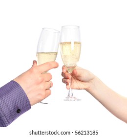 Champagne Toast. Two Hands With Glasses Of Champagne Isolated On A White Background