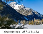 Champex-Lac on a snowy winter day in Orsieres in the district of Entremont in the canton of Valais in Switzerland