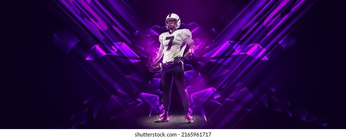 Champion. Bright poster with american football player standing isolated on dark background with purple polygonal and fluid neon elements. Concept of art, creativity, sport, energy and power - Powered by Shutterstock