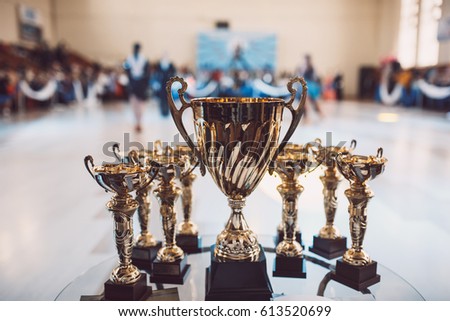 champion golden trophies. Cup for the first place. Toned.