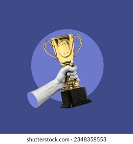 champion trophy, first place, first place trophy, number 1, winning, winner, trophy in hand, gold trophy, champion cup, symbol of triumph, hand with cup, the best, concept, collage art, photo collage