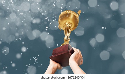 Champions winner golden cup in the hands