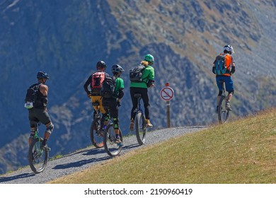 CHAMROUSSE, FRANCE, August 1, 2022 : A Group Of Unicycle Practitioners Train On The Paths Of The Croix De Chamrousse.