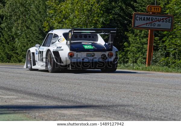 CHAMROUSSE, FRANCE, August 25, 2019\
: Racing car drives to the start of uphill race, counting for\
French Championship, and leave the mountain resort of\
Chamrousse.