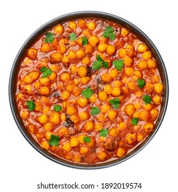 Chana Masala Or Chole In Black Bowl Isolated On White. Indian Cuisine Veg Chickpeas Curry Dish. Asian Spicy Vegetarian Food And Meal. Top View