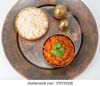 Chana Masala On A Rustic Copper Plate Photographed From Overhead.