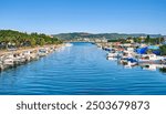 Chanakkale, Turkey, fishing boats stand on the pier, view of the city and the Dardanelles Strait