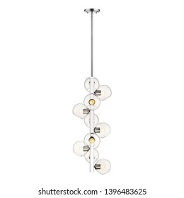 Chandelier Isolated On White Background. Ceiling Light Round Pendant Light Fixture. Hanging Lights With Delicate Open Glass Orbs . Modern 10-Light LED Chandelier. Pendant Sconce Lighting Lamp