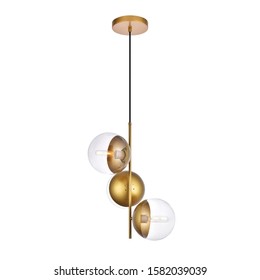 Chandelier Isolated on White Background. Ceiling 3 Light Round Pendant Light Fixture. Clear Frosted Glass and Gold Metal Wall Mount 3-Light Hanging Lights. Pendant Sconce Lighting Lamp
