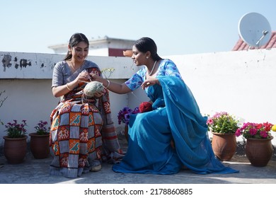 Chandigarh, Chandigarh  India - 03 03 2022  : Two Indian Girls Talking And Posing In Sunny Day