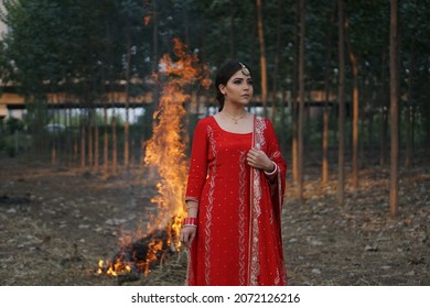 Chandigarh, Chandigarh  India- 11 09 2021 : Girl In Red Punjabi Suit