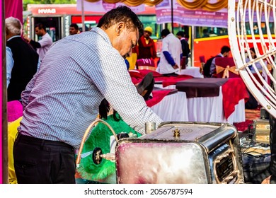 Chandigarh, India - December 4, 2019- A Man Serving Coffee In Blood Donation Camp