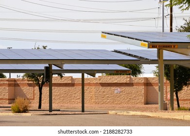 Chandler, Arizona - August 08 2022: Solar Panels On Covered Parking For Office And Factory Workers At Intel Corporation's Semiconductor Wafer  Manufacturing Campus In Ocotillo