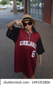 Chandler AZ/ 06/29/2019 Girl Posing For Photo In Arizona  Cardinals  Jersey, Football NFL Fan 