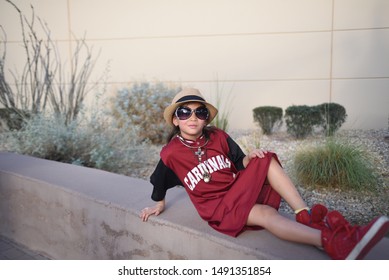 Chandler AZ/ 06/29/2019 Girl Posing For Photo In Arizona  Cardinals  Jersey, Football NFL Fan 