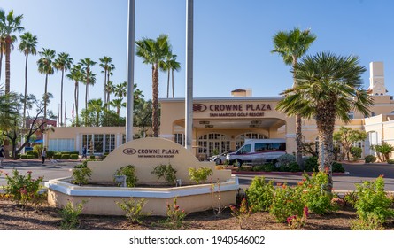 Chandler, AZ - March 19, 2021: Entrance To The Crowne Plaza San Marcos Golf Resort.