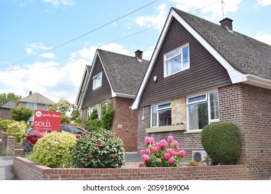 Chandlers Ford UK, May 2021: Brick House With Sold Sign With Blue Sky Background.