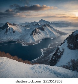 Changbai Mountain, located on the border between China and North Korea, is a majestic volcanic mountain range renowned for its stunning natural beauty. The area features a dramatic landscape. - Powered by Shutterstock