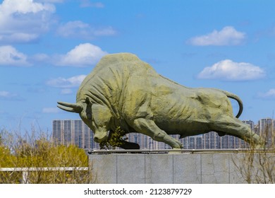 Changchun, Jilin - December 3 2021: A Bronze Bull Statue In A Park.