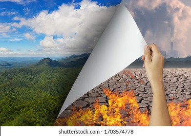 Change concept, Hand turning global warming page revealing Nature landscape, changing reality, hope inspiration to environmental protection and environmental campaign. - Shutterstock ID 1703574778