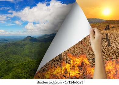 Change concept, Hand turning pollution wildfire page revealing Nature landscape, changing reality, hope inspiration to environmental protection and environmental campaign. - Shutterstock ID 1712466523