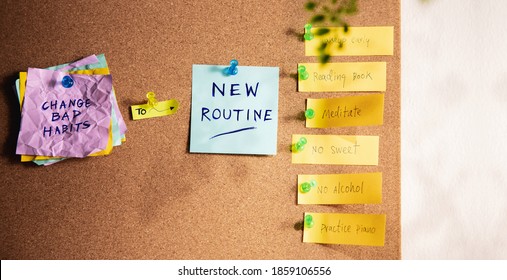 Change Concept. Managing New Routine From Old To New Habits By Sticky Note On Cork Board