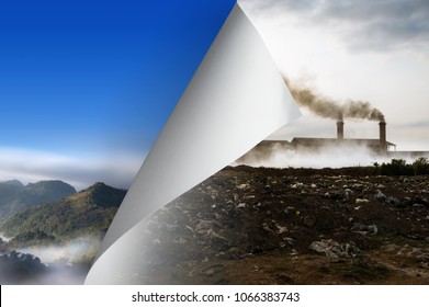 Change concept, turning pollution page reveal to nature landscape, changing reality, hope inspiration to environmental protection and campaign. - Shutterstock ID 1066383743