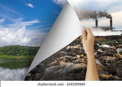 Change concept, Woman hand turning pollution page revealing nature landscape, changing reality, hope inspiration to environmental protection and environmental campaign.