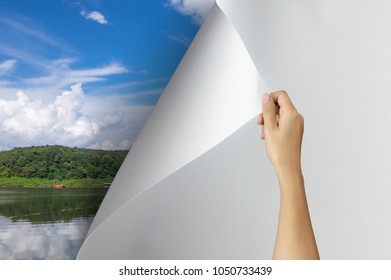 Change Concept, Woman Hand Turning Blank Paper Page Reveal Nature Landscape, Changing Reality, Hope Inspiration To Environmental Protection And Campaign.