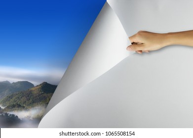 Change Concept, Woman Hand Turning Blank Paper Page Reveal To Nature Landscape, Changing Reality, Hope Inspiration To Environmental Protection And Campaign.