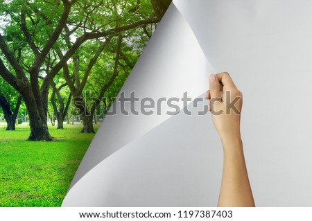 Change concept, Woman hand turning blank paper page to Tree garden environmentally friendly, changing reality, hope inspiration,environmental protection, change weather, environmental campaign.