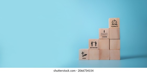 Change Management Concept. Wooden Cubes Staircases With Icon Illustrate With Agile, Motivation, Change And Flexibility On Blue Background. Banner For Business Adaptation In Digital Transformation.