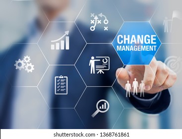 Change Management In Organization And Business Concept With Consultant Presenting Icons Of Strategy, Plan, Implementation, Communication, Team, Success. Organizational Transition And Transformation