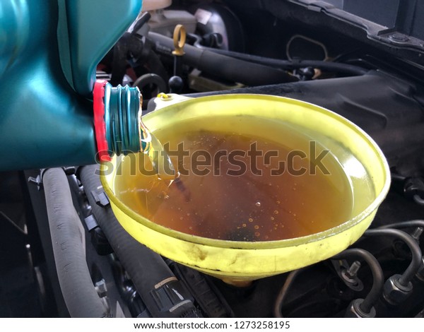 change oil car\
engine. filling the engine oil. new oil into car. pouring fresh\
oil. service car station -\
Image
