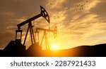 The change in oil prices caused by the war. Oil price cap concept. Oil drilling derricks at desert oilfield. Crude oil production from the ground. Petroleum production.