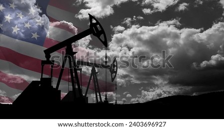 The change in oil prices caused by the war. Oil price cap concept. Oil drilling derricks at desert oilfield with USA flag. Crude oil production from the ground. Petroleum production.