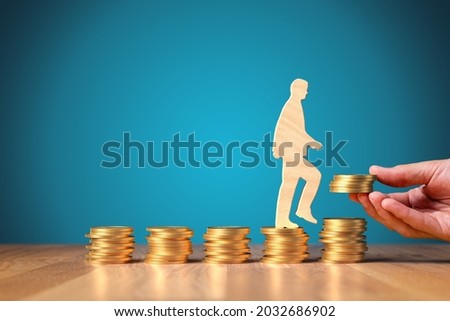 Change return on investment, growing savings or wage income concept. Wooden person is going from constant bucket of coins to growing coins. Successful investment concept.