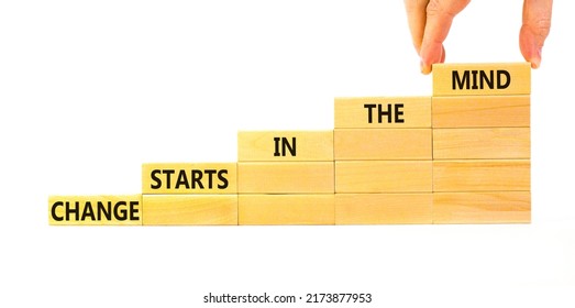 Change Starts In The Mind Symbol. Concept Words Change Starts In The Mind On Wooden Blocks On A Beautiful White Table White Background 