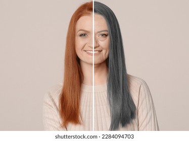 Changes in appearance during aging. Portrait of woman divided in half to show her in younger and older ages. Collage design on beige background