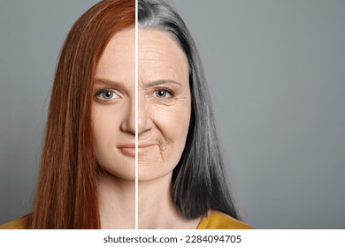 Changes in appearance during aging. Portrait of woman divided in half to show her in younger and older ages. Collage design on light grey background