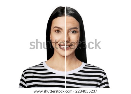 Changes in appearance during aging. Portrait of woman divided in half to show her in younger and older ages. Collage design on white background