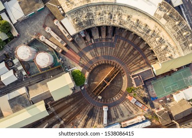Changhua, Taiwan - September 14th, 2019: aerial view of Changhua roundhouse railway at Changhua county, Taiwan
