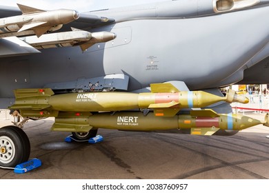 Changi Airport, Singapore - February 12, 2020 : GBU Bombs Mounted On A F-15SG Fighter Jet Of The Republic Of Singapore At Singapore Airshow.