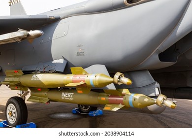 Changi Airport, Singapore - February 12, 2020 : GBU Bombs Mounted On A F-15SG Fighter Jet Of The Republic Of Singapore At Singapore Airshow.