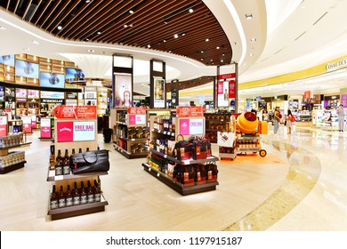 Changi airport, Singapore - OCTOBER 3,2018 :  Wines and Spirits store at Singapore Changi Airport Terminal 4 is a newly built passenger terminal building at Singapore 