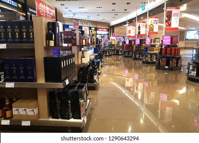 CHANGI, SINGAPORE - APR 22, 2018: Interior view of Wines and Spirits store at Changi Airport Terminal 2 arrival hall. Changi Airport is one of the largest transportation hubs in Southeast Asia.