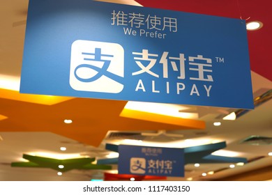 CHANGI, SINGAPORE - JUNE 20, 2018:  Alipay sign in Changi Airport Terminal 2 shopping store, Singapore. Alipay is a third-party mobile and online payment platform, established by Alibaba group.
