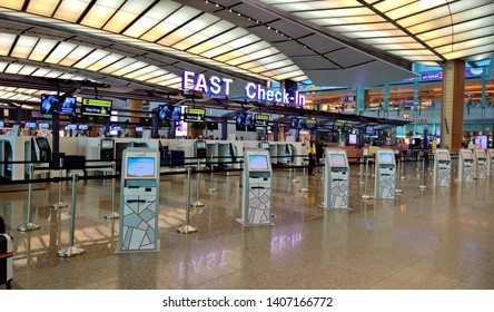CHANGI, SINGAPORE - MAR 2019 : Automatic self check-in kiosk, Passengers can self check-in on this kiosks at terminal 2 changi International Airport. 