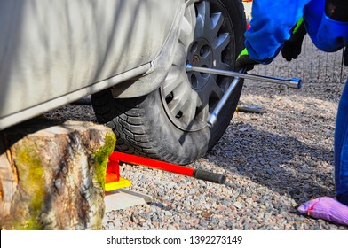 Changing Car Tire. Taking Care Of Your Car. Changing Summer Tires At Home.